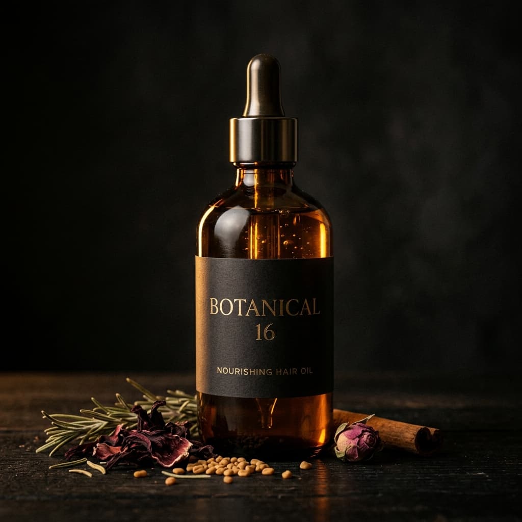Botanical 16 Hair Oil on dark background