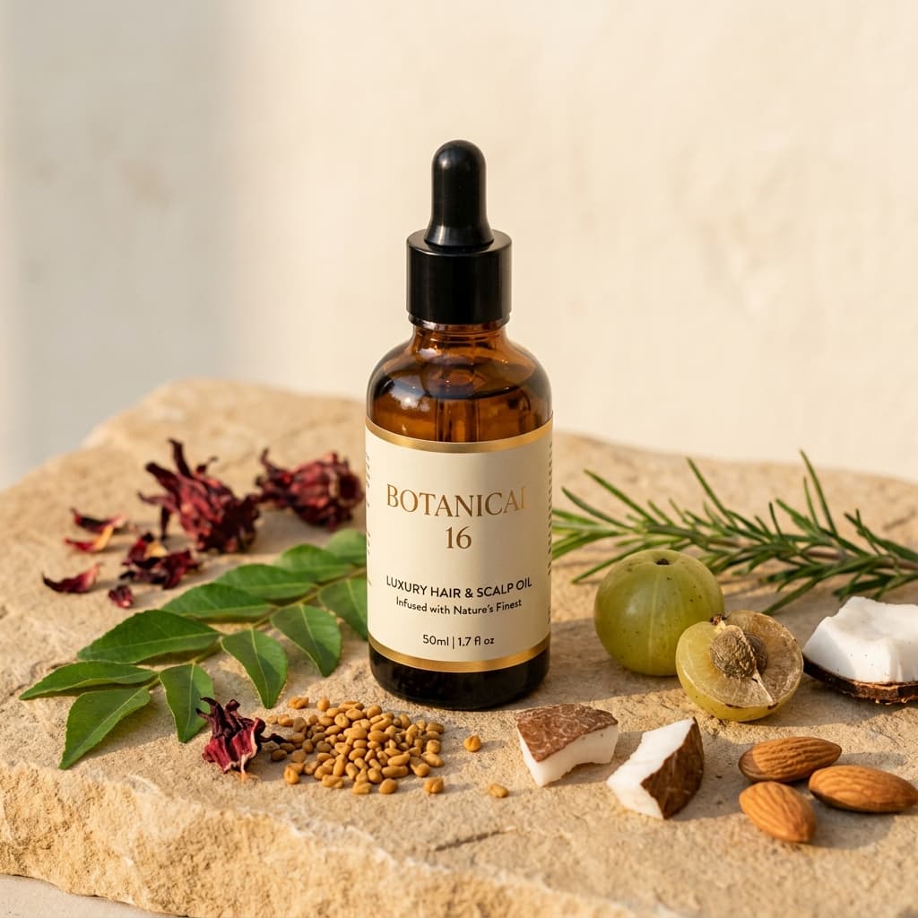 Botanical 16 Hair Oil โ amber glass bottle with 16 cold-pressed botanical oils