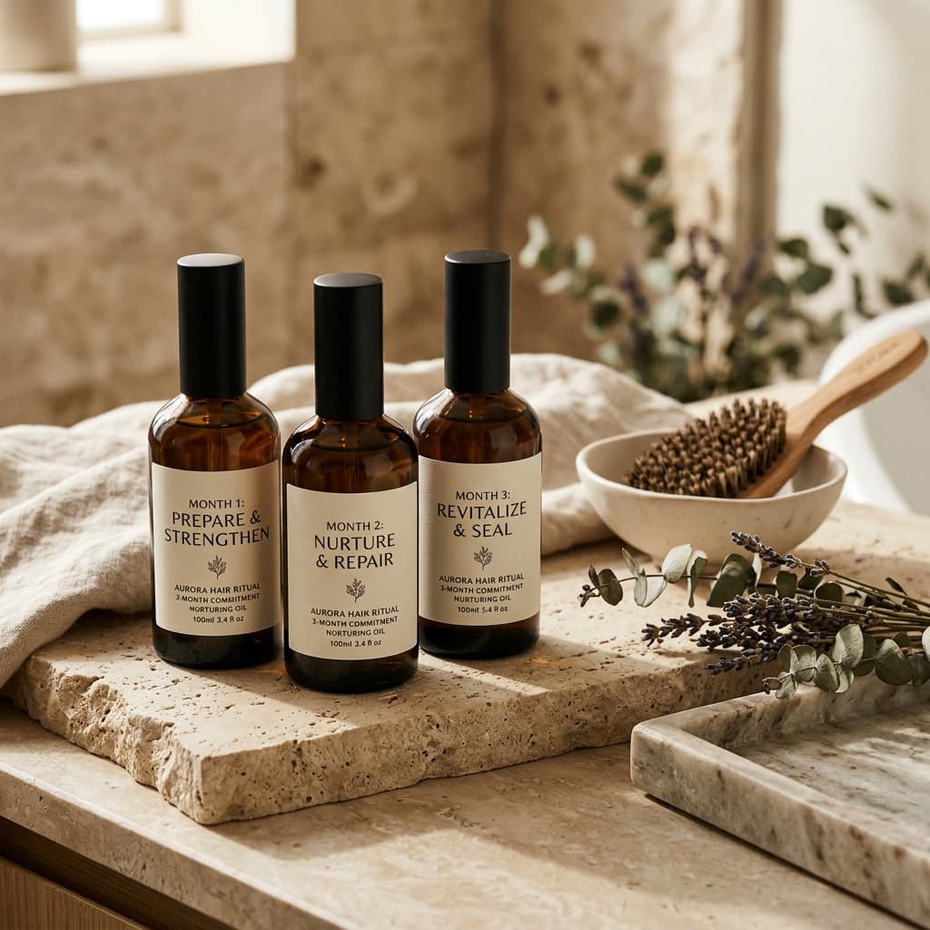 Hands massaging oil into the scalp, unhurried