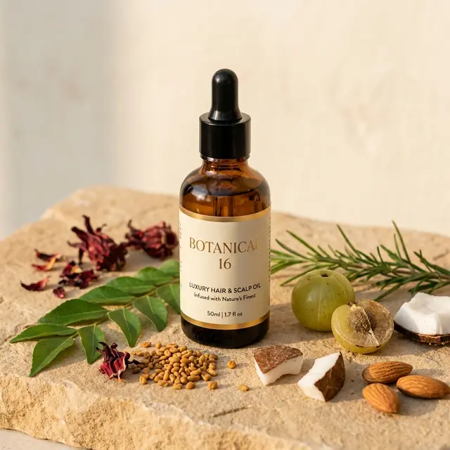 Botanical 16 Hair Oil — amber glass bottle with 16 cold-pressed botanical oils